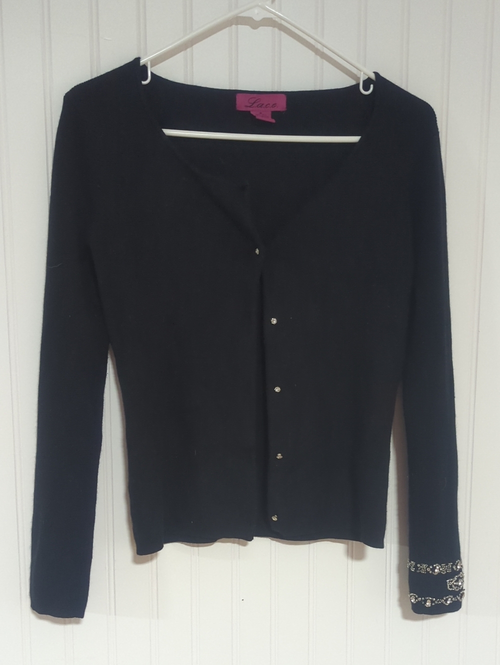 Black Long-Sleeve Buttoned Cardigan with Embellished Cuff